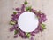 Blossom Syringa vulgaris in Lilac flower and blank paper card for text message.Top view. Romantic flowers composition. Mock up