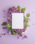 Blossom Syringa vulgaris in Lilac flower and blank paper card for text message.Top view. Romantic flowers composition. Mock up