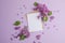 Blossom Syringa vulgaris in Lilac flower and blank paper card for text message.Top view. Romantic flowers composition. Mock up