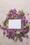 Blossom Syringa vulgaris in Lilac flower and blank paper card for text message.Top view. Romantic flowers composition. Mock up fra