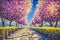 Blossoming alley park of pink sakura sunny acrylic painting