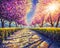 Blossoming alley park of pink sakura sunny acrylic painting