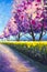 Blossoming alley park of pink sakura sunny acrylic painting