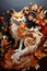 Blossoming Harmony The Enchanting Portrait of an Orange and White Wolf Amidst Leaves and Flowers