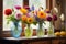 Blossoming Harmony: Still Life of a Variety of Flowers Arranged in a Clear Glass Vase - Each Bloom Expressing Different Shades of