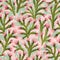 Blossoming prickles. Seamless pattern. Gouache painting. Floral print design in pink and green colors