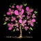 Blossoming tree with pink flowers on black background