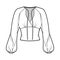 Blouse technical fashion illustration with long bishop sleeves, surplice neckline ties at front, fitted body.
