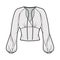 Blouse technical fashion illustration with long bishop sleeves, surplice neckline ties at front, fitted body.