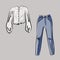 Blouse and trousers, jeans. Part of a basic wardrobe set. Clothing store, fashion. Isolated vector