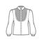 Blouse tuxedo technical fashion illustration with long bouffant sleeves, classic collar, pintucked bib, oversized. Flat