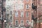 Blowing snow covers the buildings on Waverly Place in the Greenwich Village neighborhood of New York City