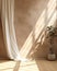 Blowing white sheer curtain in empty luxury brown stucco wall room parquet floor in sunlight leaf shadow for interior design