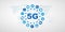 Blue 5G Network Label with Grey World Map and Circle of Tech Icons - High Speed, Broadband Mobile Telecommunication