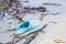 Blue abandoned shoe on the beach