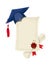 Blue academicic graduation cap with diploma blank and scroll