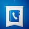 Blue Address book icon isolated on blue background. Notebook, address, contact, directory, phone, telephone book icon