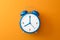 Blue alarm clock on orange background with complementary color and retro style. Classic analog clock and blank space. 3D rendering