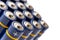 Blue alkaline AA batteries in rows