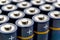 Blue alkaline AA batteries in rows