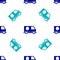 Blue Ambulance and emergency car icon isolated seamless pattern on white background. Ambulance vehicle medical