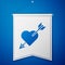Blue Amour symbol with heart and arrow icon isolated on blue background. Love sign. Valentines symbol. White pennant template.