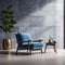 Blue armchair and bench against of concrete tiled wall. Loft interior design of modern living room with stone tiles floor