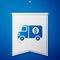 Blue Armored truck icon isolated on blue background. White pennant template. Vector