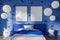 Blue baby bedroom interior with bed and panoramic window, mockup frames
