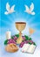 Blue background concept Christian symbols with golden chalice, bread, bible, grapes, candle, dove, ears of wheat