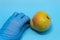 On a blue background is a fresh red pear. The man put a hand in a blue medical disposable glove