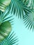 Blue background with green palm leaves and two pink bananas. The green palm leaves are placed in center of frame, while