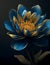 A blue background and a large image of a flower with a gold blossom in the centre.