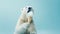 on a blue background, a large polar bear holds a creamy ice cream