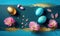 a blue background with pink flowers and gold foiled eggs. generative ai
