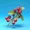 Blue background with small red plant or bush in center. This plant is covered in berries, which are also red. There are