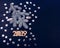 Blue background stars christmas tree branch white bump notebook letters symbols 2019 decoration top view greeting card
