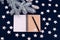 Blue background stars christmas tree branch white bump notebook letters symbols 2019 decoration top view greeting card