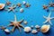 a blue background with various sea shells and starfishs on it