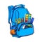 Blue backpack packed with school items, supplies, stationary objects