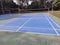 Blue badminton court waiting for its champions to play on it