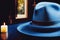 Blue bailey hat and candle on wooden table with Generative AI