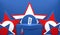 Blue ballot box with vote text and padlock isolated on red blue and white five star background, 2020