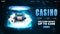 Blue banner for website with button, casino playing cards, slot machine and poker chips inside blue portal made of digital rings