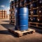 Blue barrel drum for liquid chemical storage in warehouse inventory