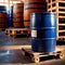 Blue barrel drum for liquid chemical storage in warehouse inventory