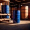 Blue barrel drum for liquid chemical storage in warehouse inventory