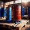 Blue barrel drum for liquid chemical storage in warehouse inventory