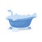 Blue bath with foam, open faucet, flowing water. Vector, flat style, isolated background