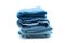 blue bath towels pile on white background